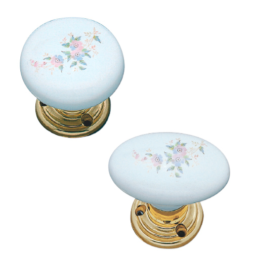 Coppia pomolo ovale Alba con rosetta e bocchetta con viti in vista senza molla in porcellana bianca decorata 