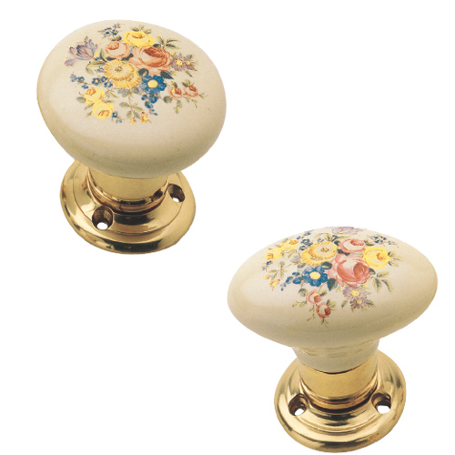 Pair knob Gemma on artistic rose and escutcheon w/out spring - decorated porcelain